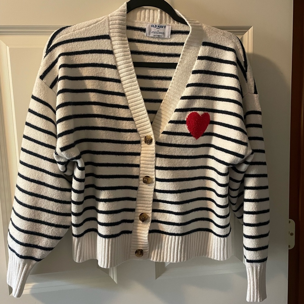 Old Navy Women's black Striped Cardigan with Red Heart